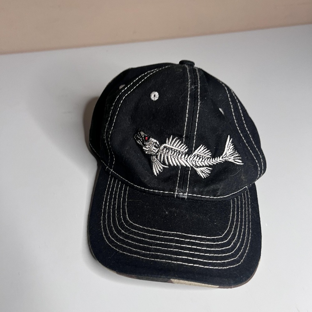 Outdoor Cap Fish Skeleton Embroidery Black Camo Brim Adjustable Baseball Hat